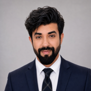 headshot of faculty Dr. Dhruv Khurana. He has short thick, wavy black hair and is wearing a dark suit, white shirt, and dark plaid tie. He has a beard and moustache and thick dark eyebrows.