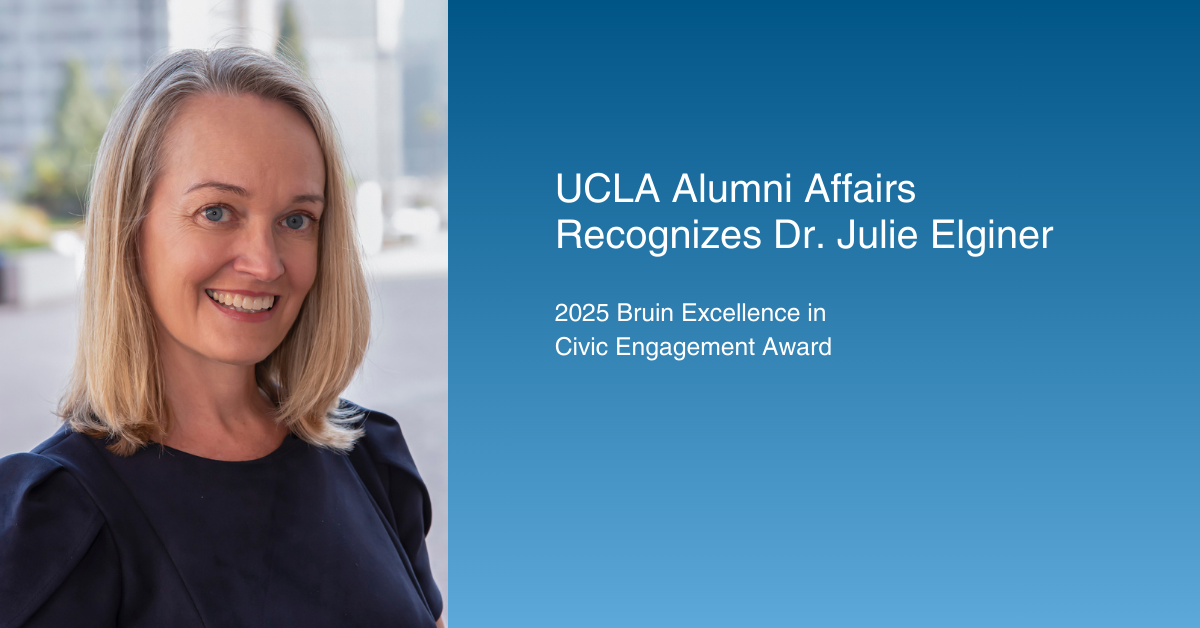 Portrait of Dr. Julie Elginer, UCLA Fielding School of Public Health Adjunct Associate Professor, smiling. The image text reads: "UCLA Alumni Affairs Recognizes Dr. Julie Elginer," and "2025 Bruin Excellence in Civic Engagement Award."