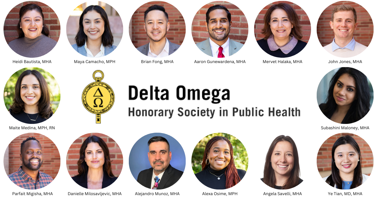 A photo collage of fourteen UCLA Fielding School of Public Health graduate students inducted into the Delta Omega National Honor Society. The professional headshots are arranged in circular frames surrounding the Delta Omega Honorary Society in Public Health text logo and circular gold key emblem in the center. Each graduate's name and degree credential (MHA, MPH, RN, or MD) is listed underneath their photo.