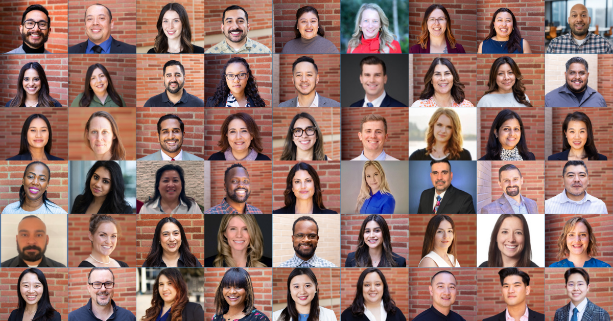 A composite grid of 54 diverse individual portrait photos of the graduating UCLA MHA Class of 2026, smiling and professionally dressed, set against backgrounds including characteristic red brick walls.