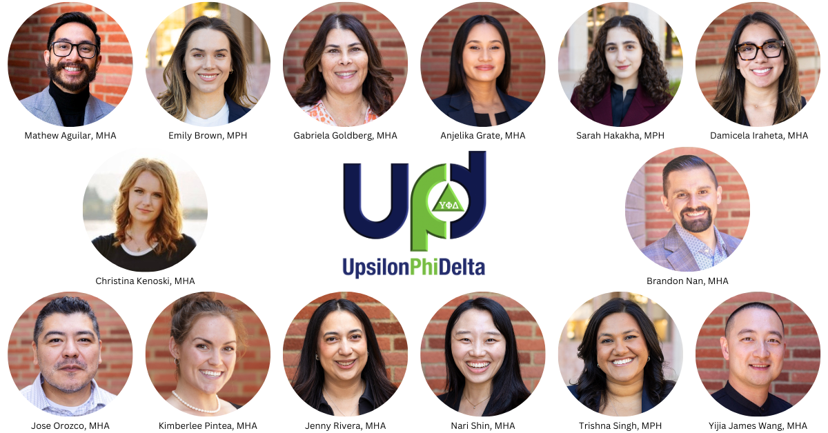 A photo collage of fourteen UCLA Fielding School of Public Health graduate students inducted into the Upsilon Phi Delta National Honorary Society. The professional headshots are arranged in circular frames surrounding the Upsilon Phi Delta logo in the center. Each graduate's name and degree (MHA or MPH) is listed underneath their photo.
