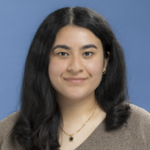 Headshot of UCLA Executive MPH student Kimberly Merida-Chan. She has long black hair and a light brown pullover v-neck sweater and a gold necklace with a pendant.
