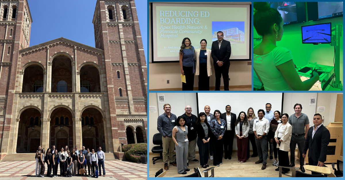 A four-panel collage of photos from the UCLA MHA program's Summer Quarter Immersion. The images feature a large group of students in front of Royce Hall, a team presentation with a screen titled 'REDUCING ED BOARDING,' a student using a surgical simulator, and a class group photo.